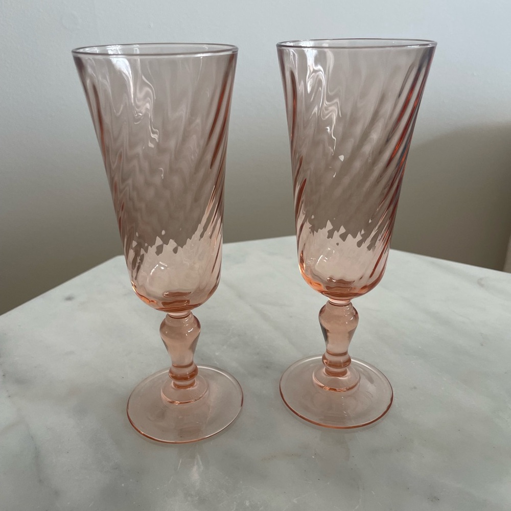 Vintage Rosaline Pink Swirl Optic Champagne Flutes made in France